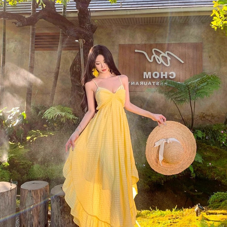 Retro Yellow Backless Suspender Dress