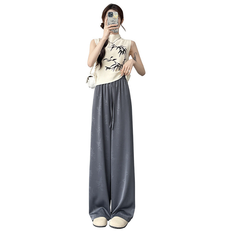 Jacquard Satin Chinese Style Pants Women