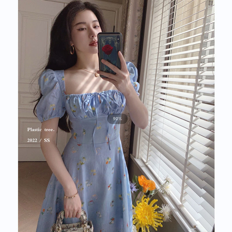 Floral Chiffon Summer Dress  | Korean French Style Square Neck Slim Fit with Bubble Sleeves