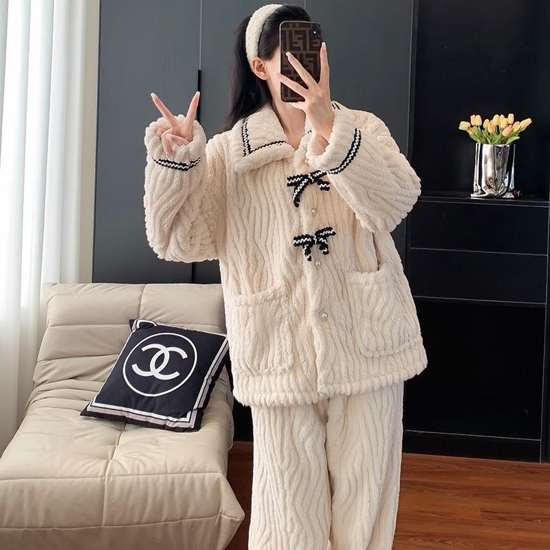 2025 Coral Fleece Pajamas Women Winter Warm Bow Cardigan Set