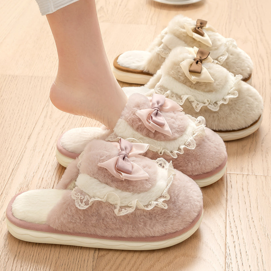 Bowknot Cotton Slippers – Plush Warm