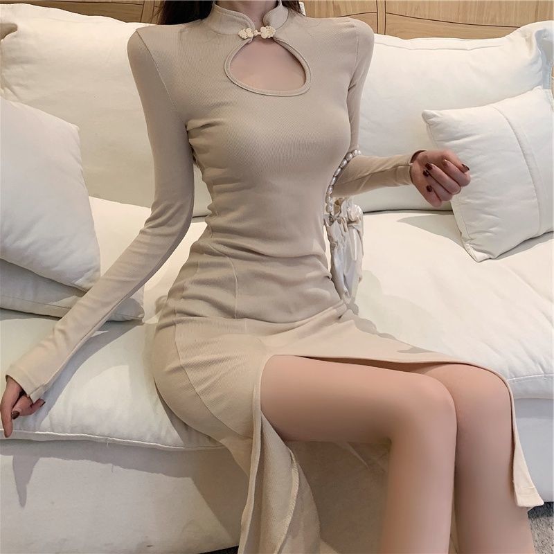 Elegant Slim Fit Long Sleeve Split Maxi Dress Women Chic Now