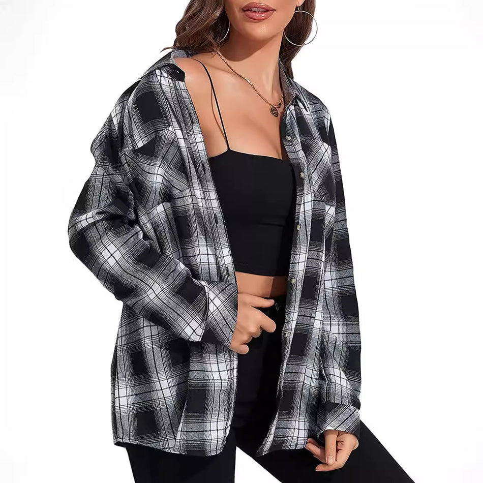 Amazon Autumn Winter New Flannel Long Plaid Casual Top Shirt