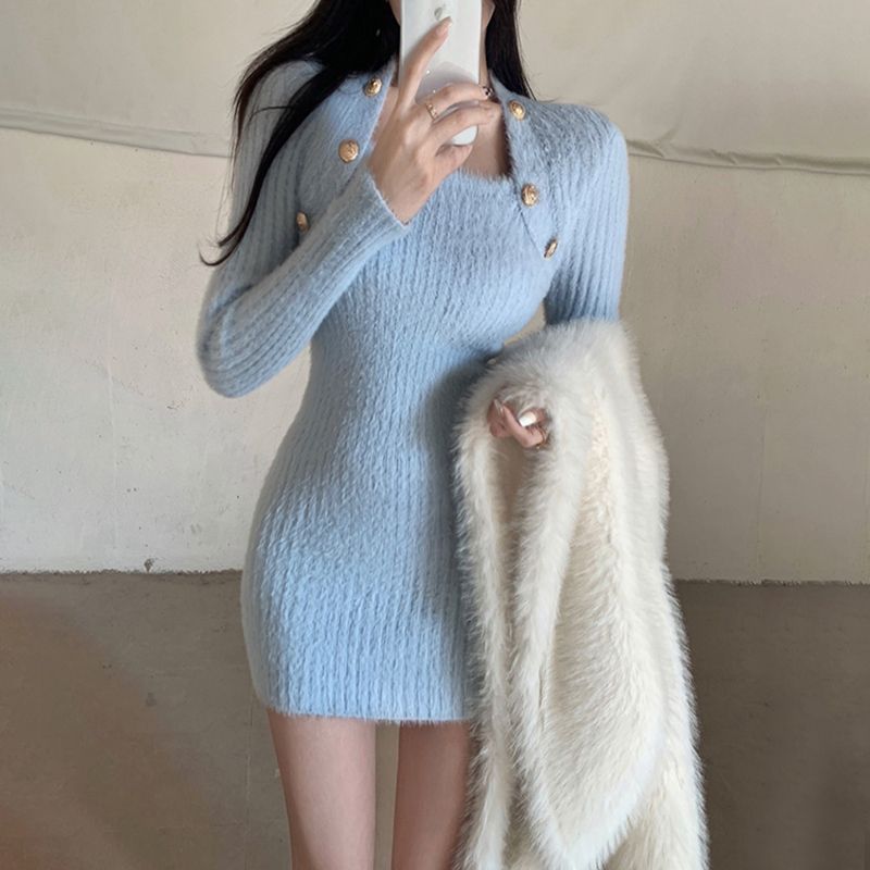 Black Square Neck Knitted Slim Long Sleeve Dress Women Style