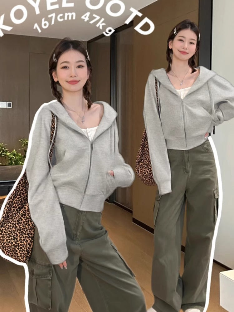 Gray Short Hooded Zipper Sweatshirt Slim Fit Korean Jacket