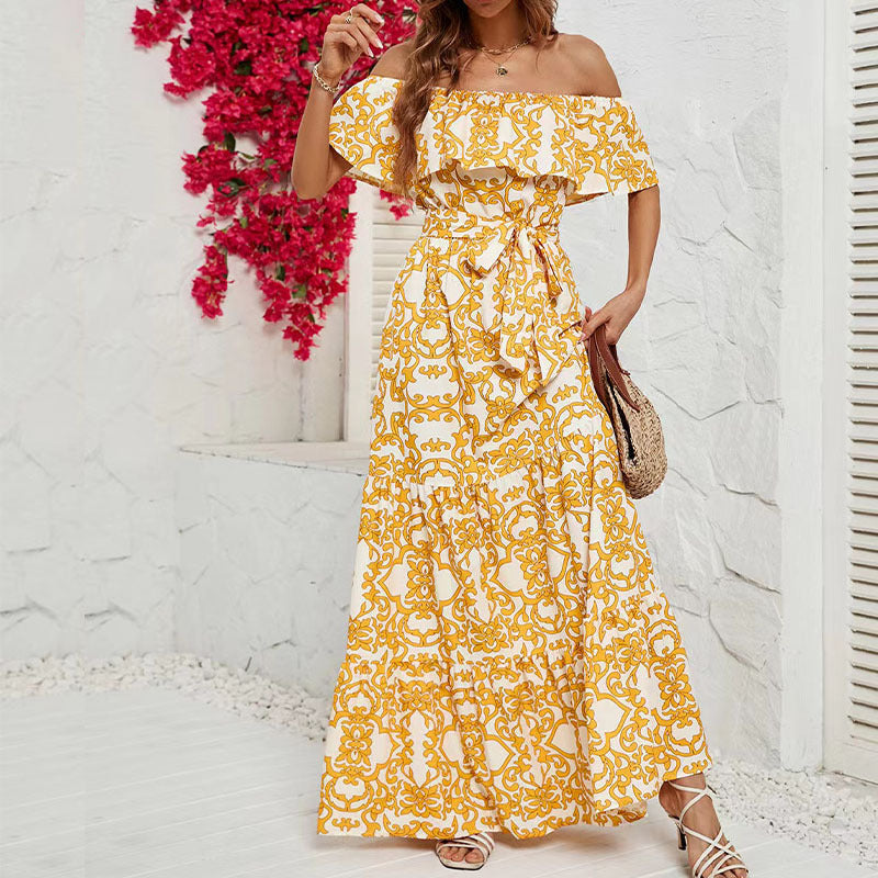 One-Shoulder Printed Ruffled Long Dress