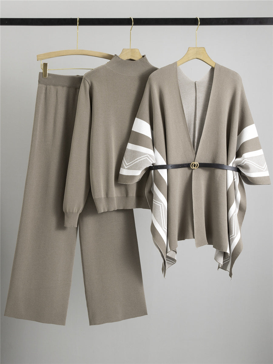 Women’s Knitted Shawl Cardigan Three-Piece Set