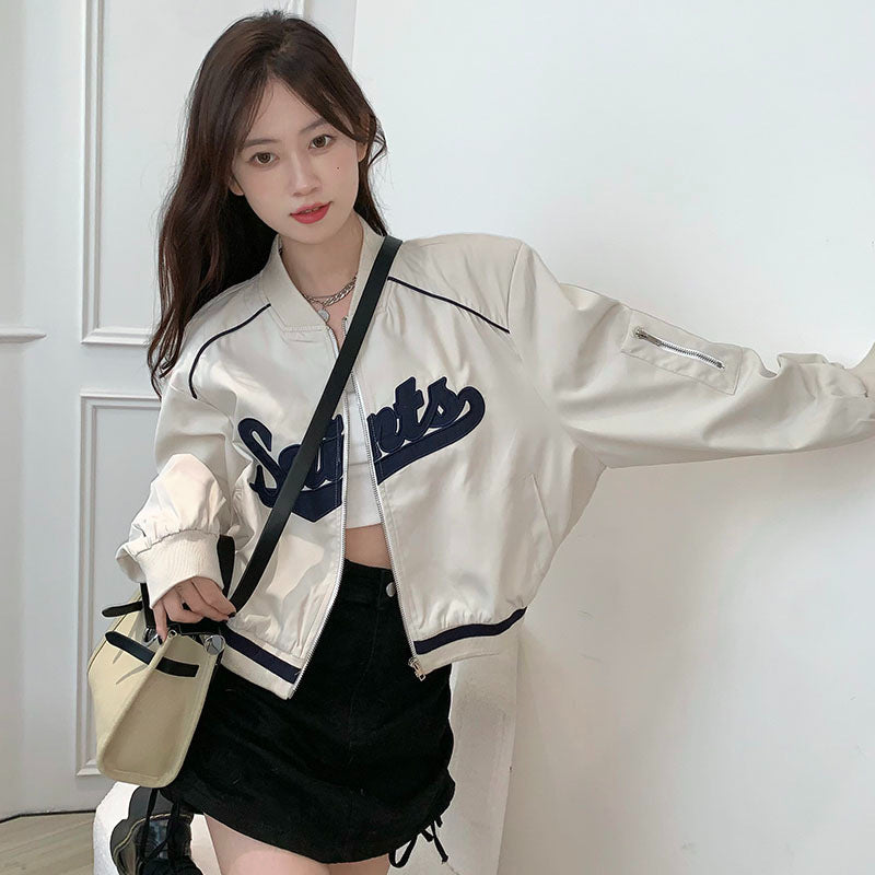 Women’s Letter Embroidered Stand Collar Baseball Jacket