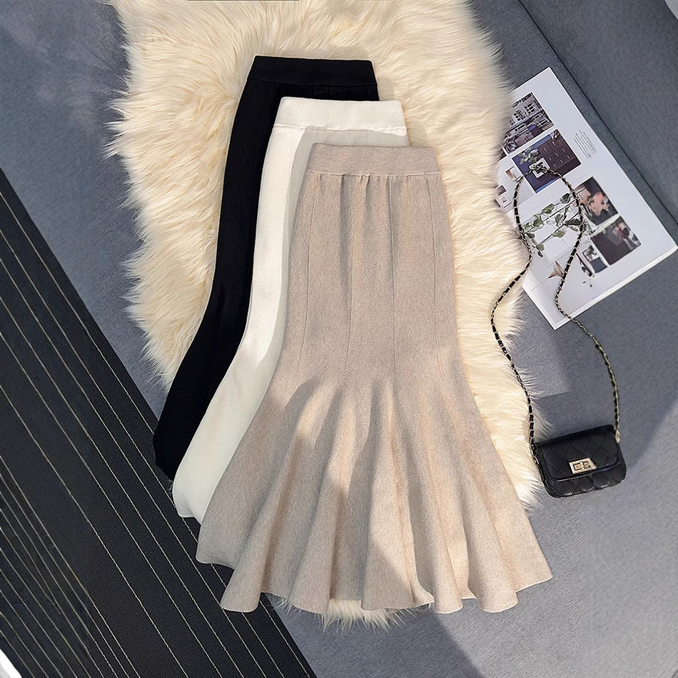 White Knitted Fishtail Midi Skirt with Lotus Hem