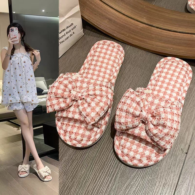 Bow Linen Slippers – Soft Flat Dual-Use for Women