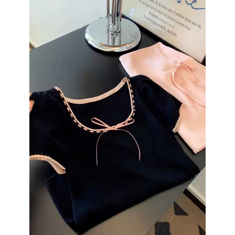 KANING Korean Style Square Collar Bow Top