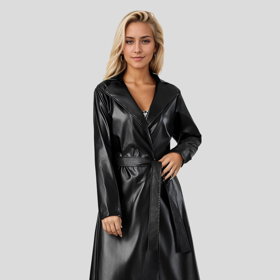 Women's Leather Bathrobe Style Trench Coat