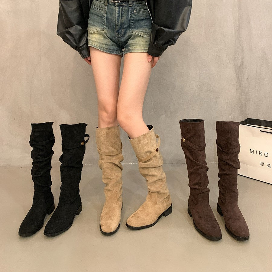 Women’s Suede Slim Knight Boots Khaki Thick Heel Long Boots 2025