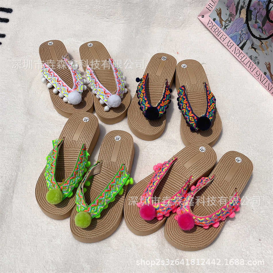 Bohemian Fur Ball Tassel Flip-Flops