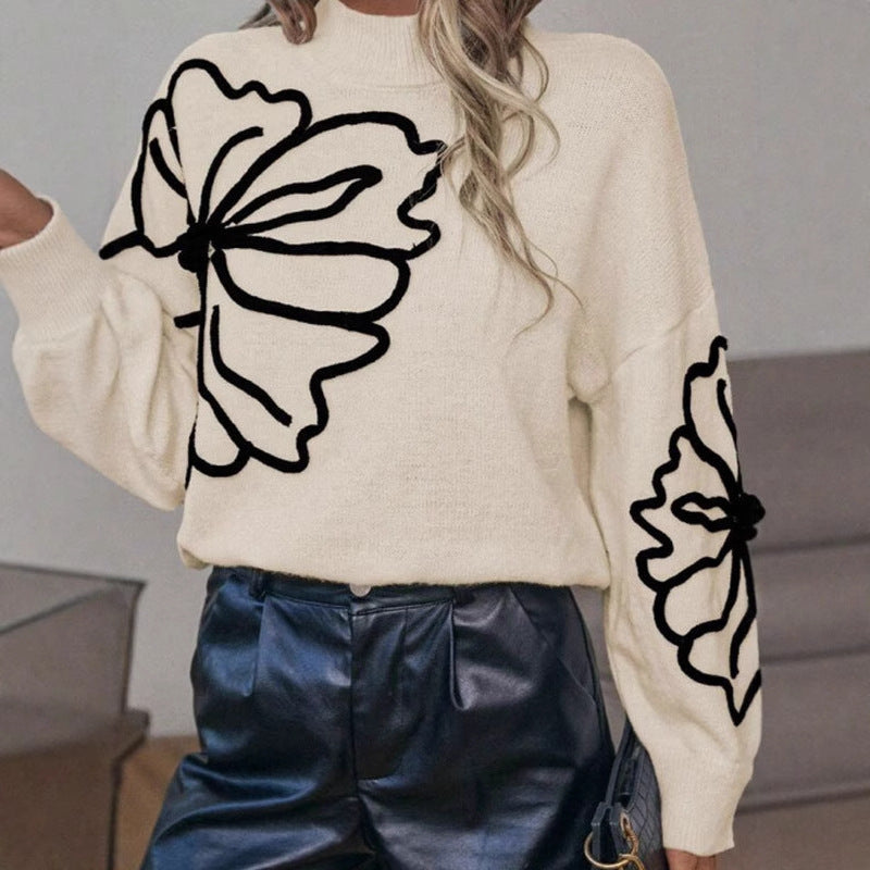 Embroidered Turtleneck Pullover Knitwear Women