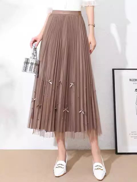 Bow Pleated Mid-Length Skirt for Women