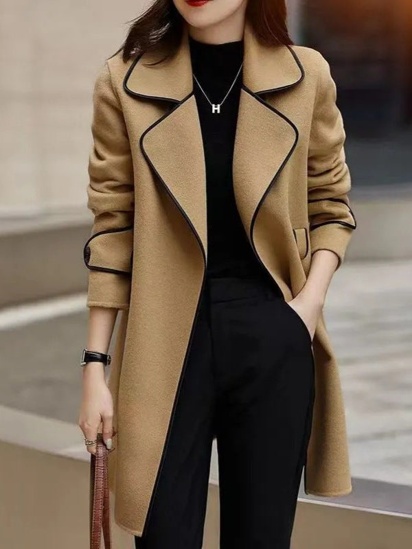 Color-Block Korean Mid-Length Woolen Coat