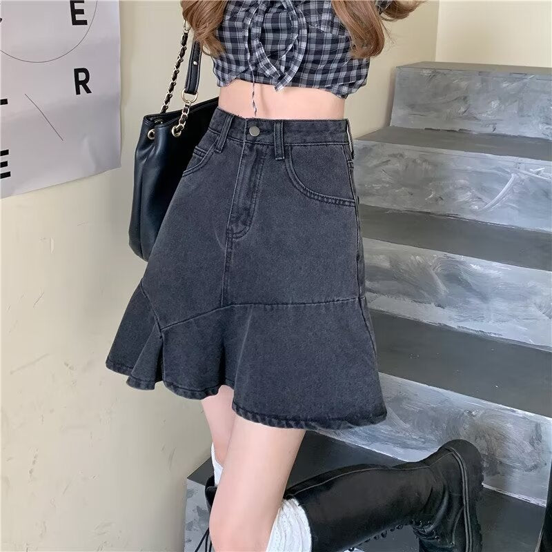 Plus Size Fishtail Denim Skirt – Belly-Slimming A-Line