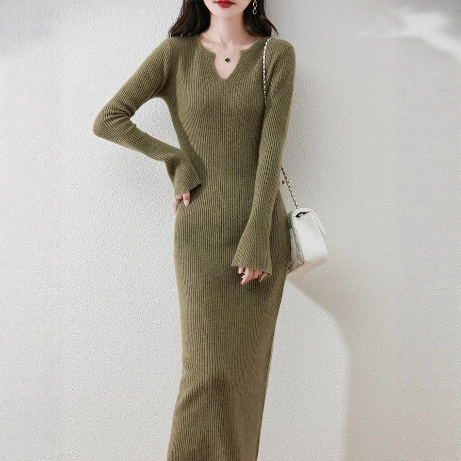 Elegant Long V-Neck Slim Fit Sweater Dress