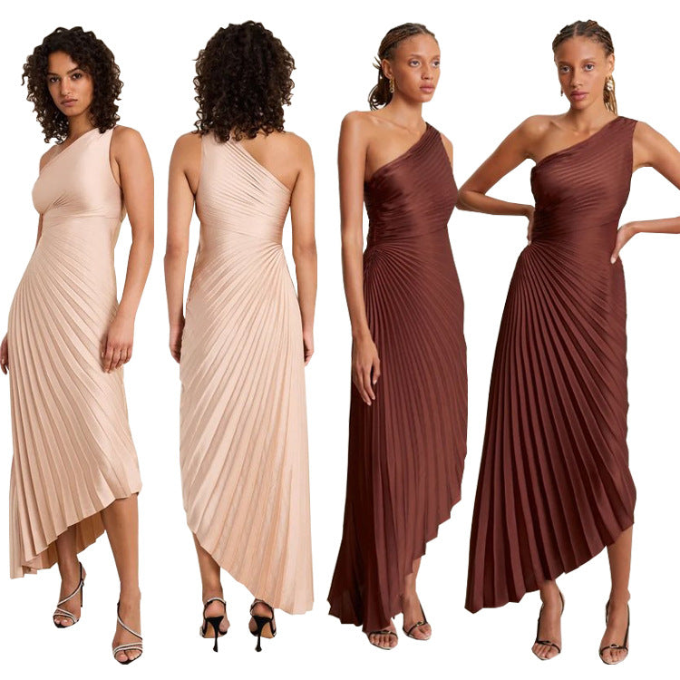 One-Shoulder Pleated Satin Dress