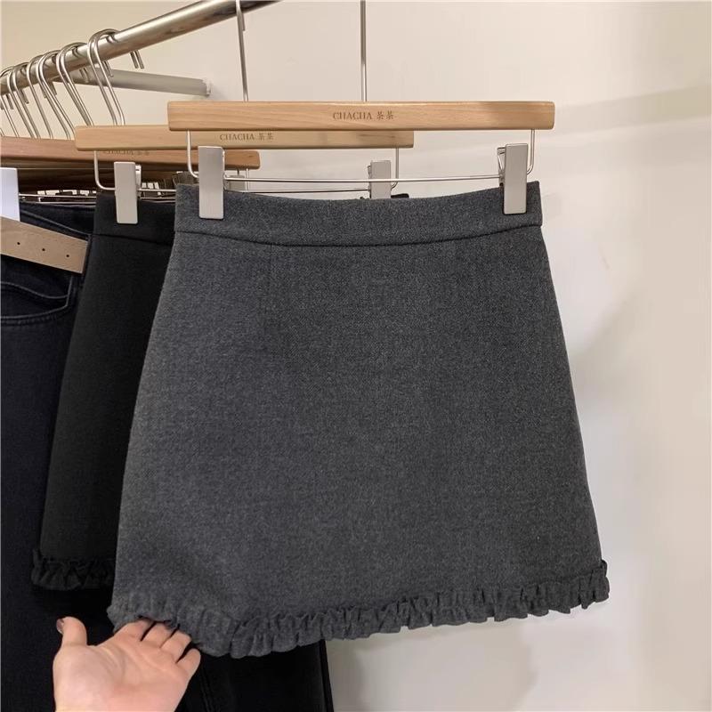 Gray Woolen High Waist A Line Lace Short Skirt Women SpringX
