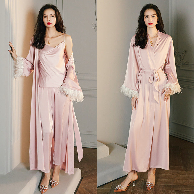 Yaoting Ice Silk Pajama Set – Satin Feather Nightgown & Trousers