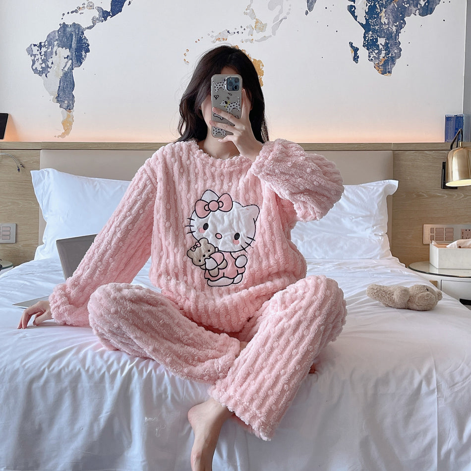 Cartoon Cat Coral Velvet Pajamas Set