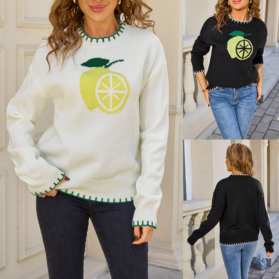 Lemon Jacquard Round Neck Knit Sweater Women