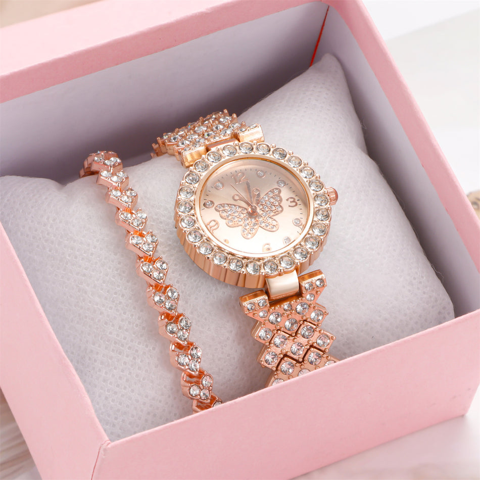Butterfly Dial Diamond Watch & Bracelet Set