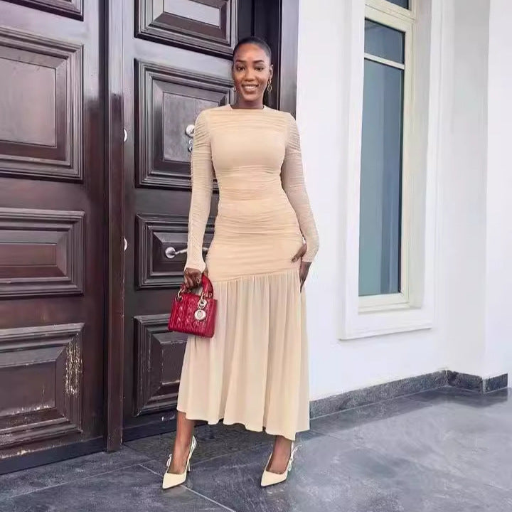 Elegant Slim Pleated Long Dress – Round Neck Style