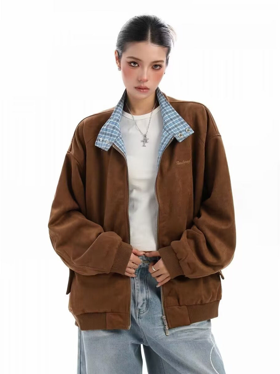 Unisex Plaid Splicing Suede Jacket Autumn Baseball Style Fit