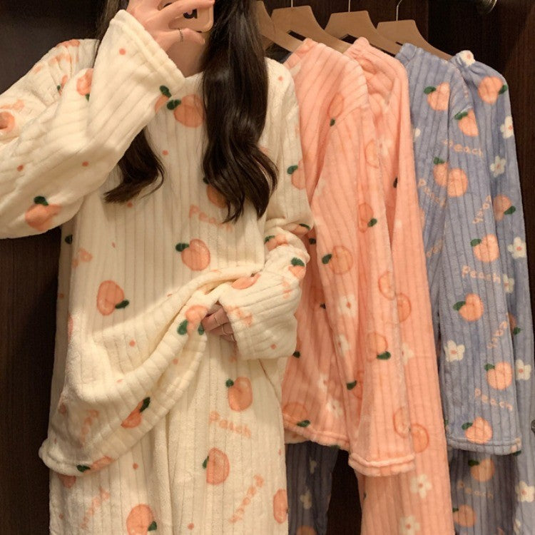 Women’s Coral Fleece Pajama Set Winter Warm Nightwear