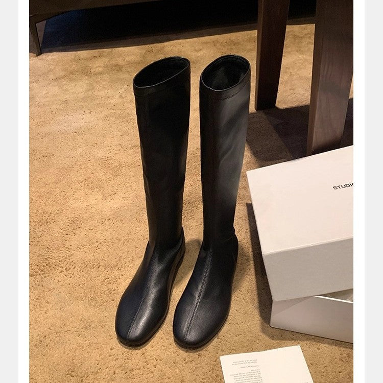 Women’s Genuine Leather Stretch Mid-Calf Boots Round Toe Slim Fit