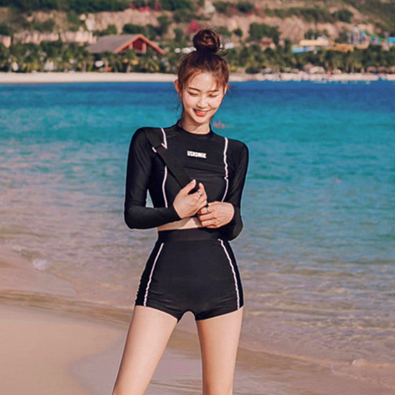 Korean High Waist Slim Swimsuit – Black Long Sleeve Split