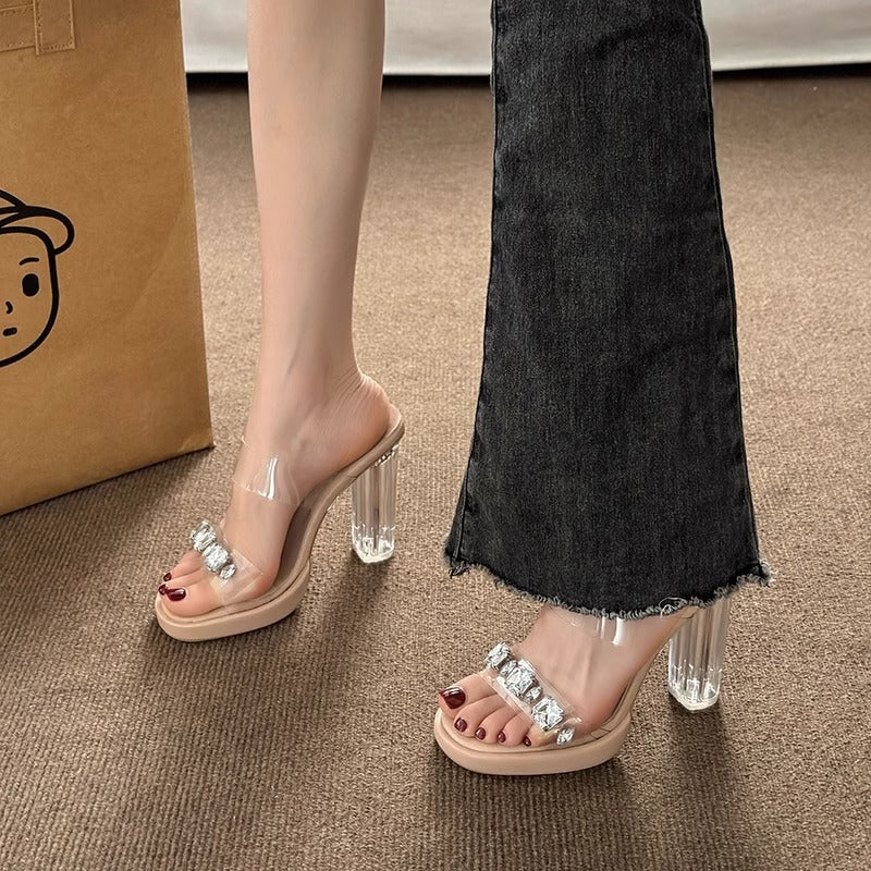 French Rhinestone Crystal Heel Slippers Women