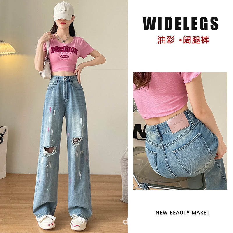 Graffiti Ripped Wide-Leg Jeans for Women