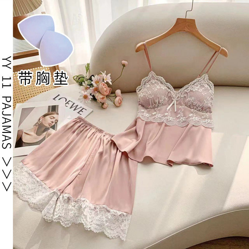 Ice Silk Lace Shorts Pajama Set with Chest Pad