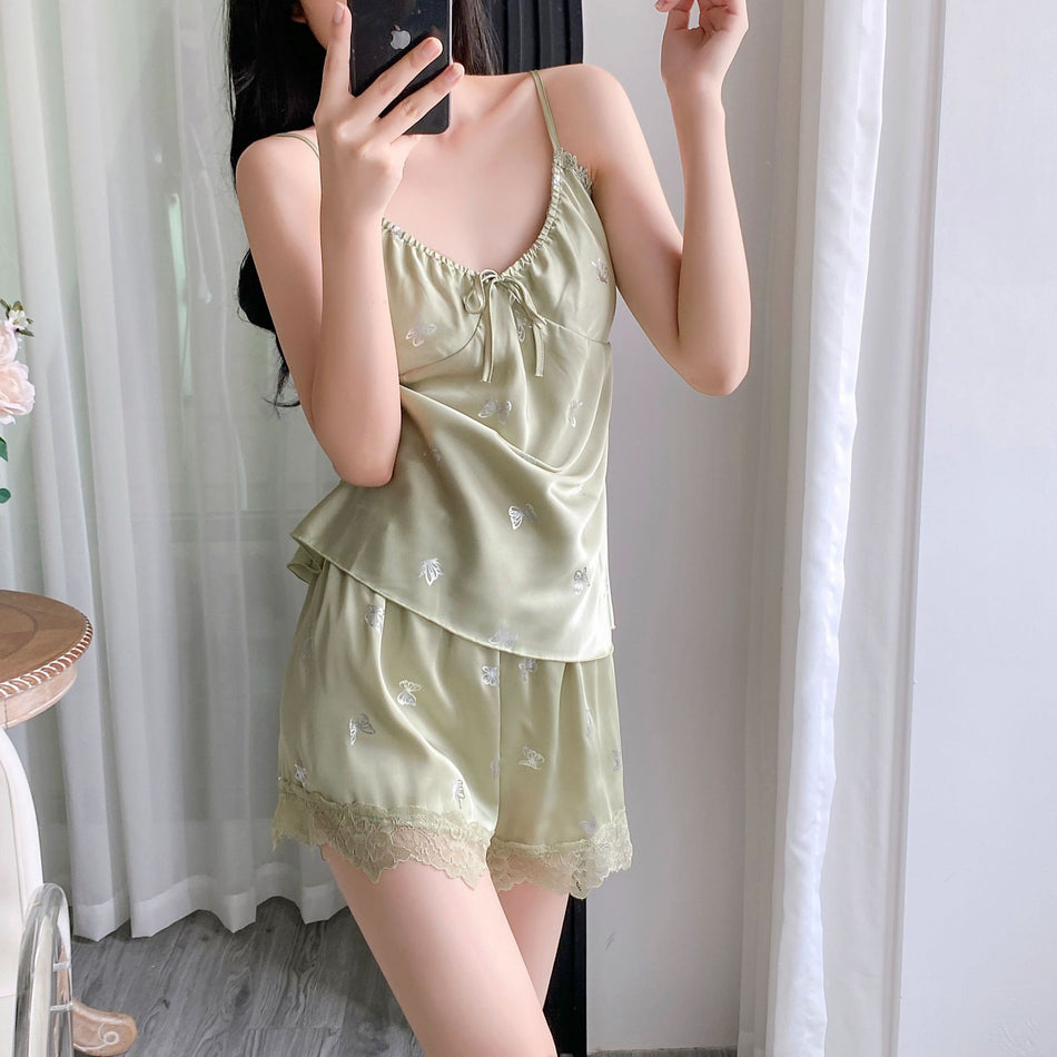 Silk Lace Pajama Set – Summer Sling & Shorts Suit