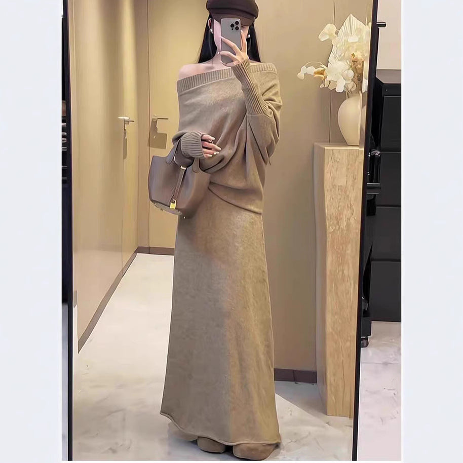 Women’s Knitted Two-Piece Skirt Suit Oblique Neck