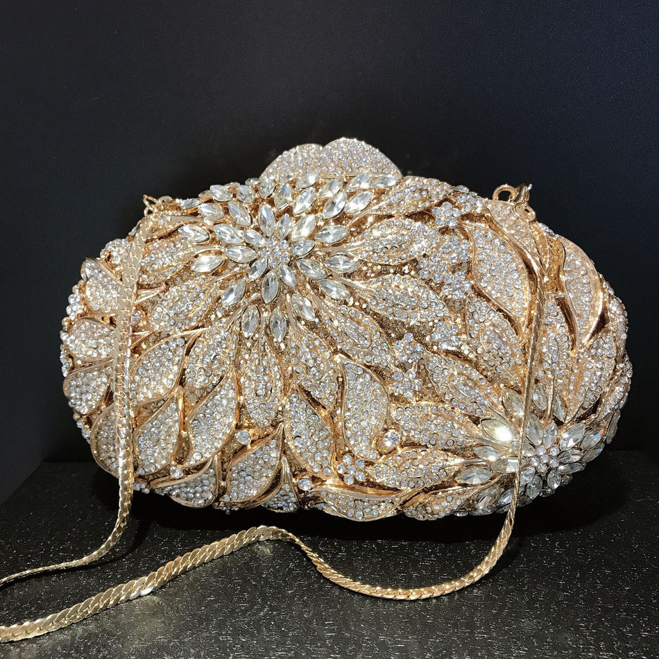 Leaf Diamond Box Clutch – Hollow Metal Handbag