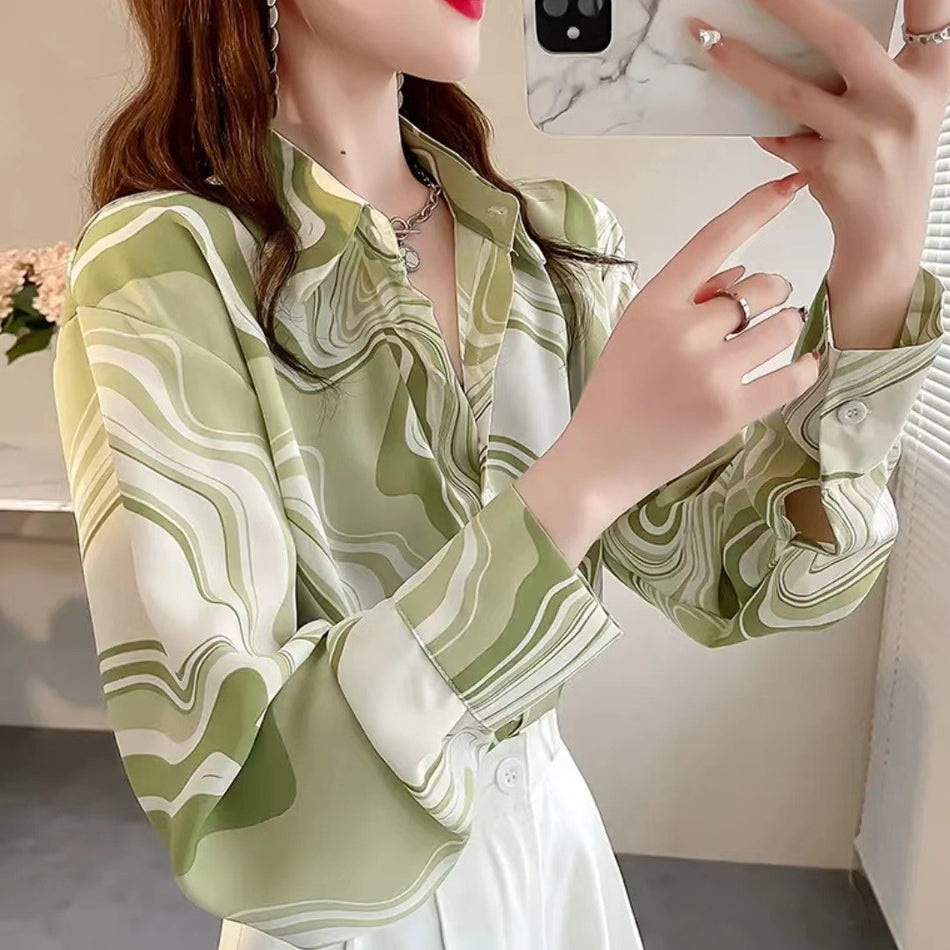 Green Striped Chiffon Shirt for Women