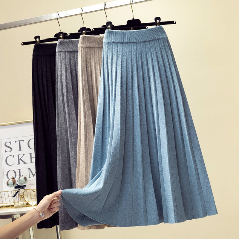 Knitted Wool Midi Skirt High Waist A-Line Preppy Style