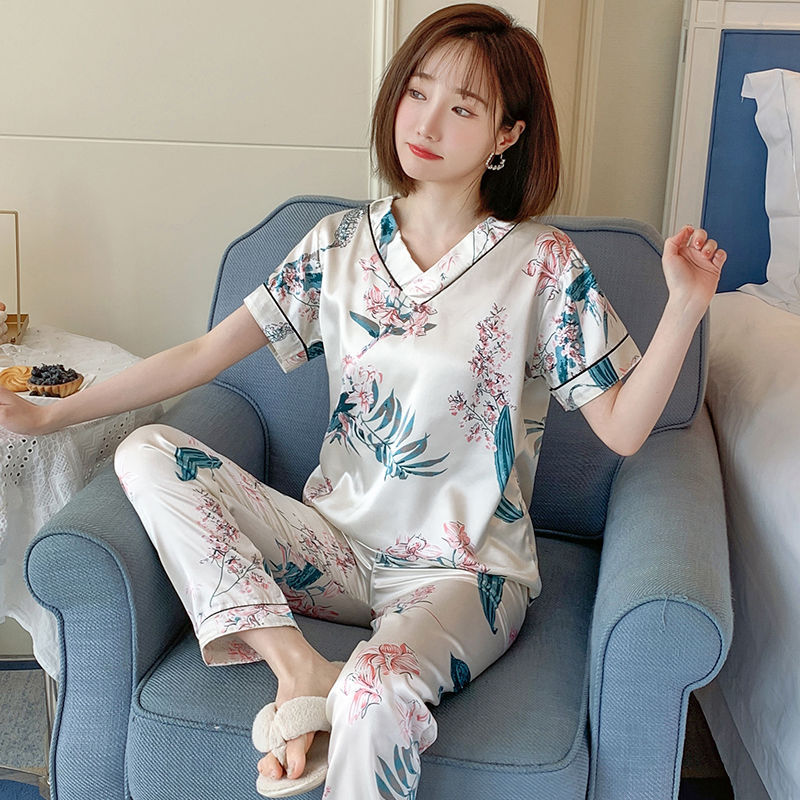 Ice Silk Pajama Set – V-Neck Short Sleeve Suit