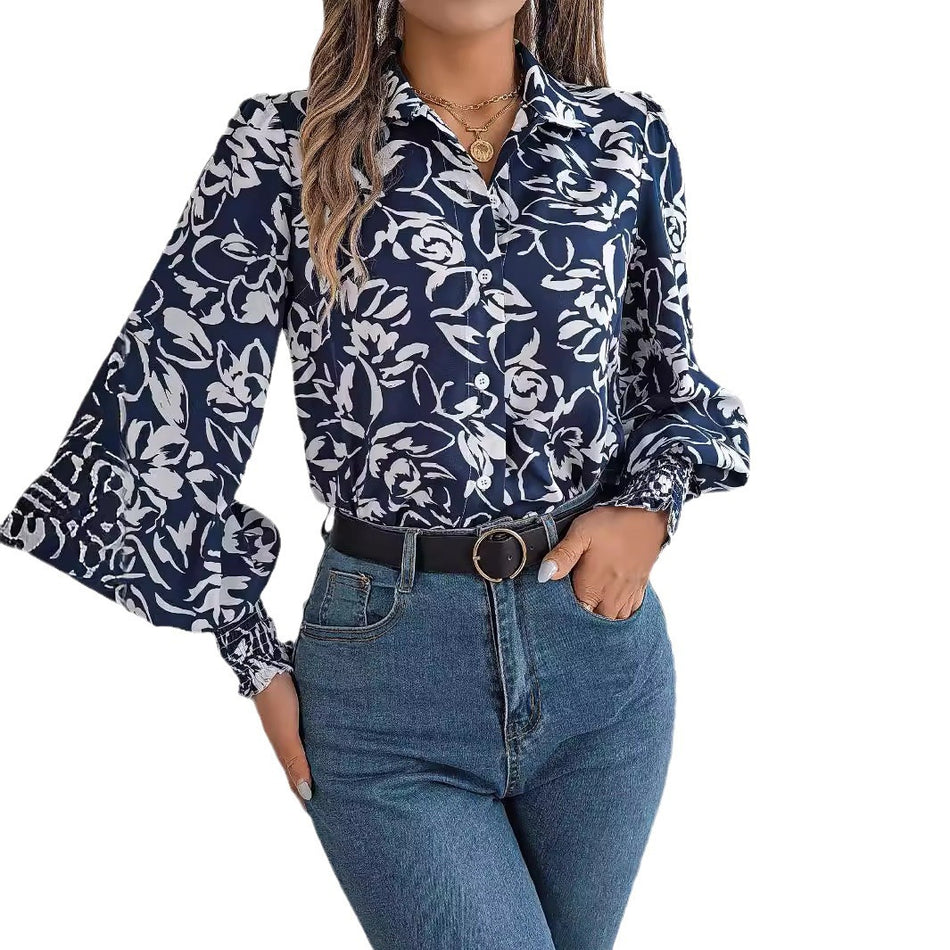 Elegant Color-Block Floral Lantern Sleeve Shirt – Women's Autumn/Winter Lapel Blouse