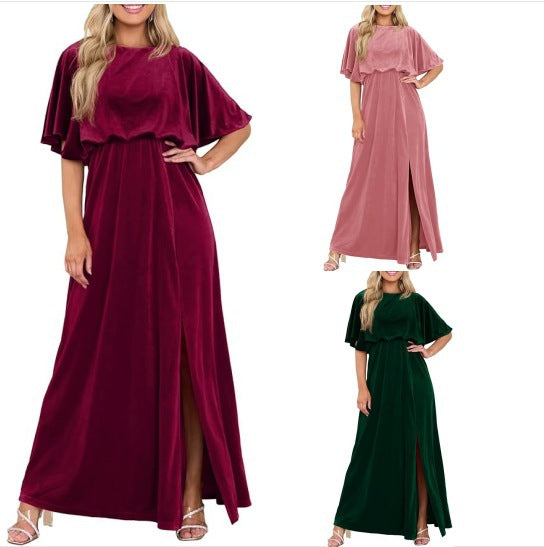 Velvet Lotus Leaf Sleeve Dress