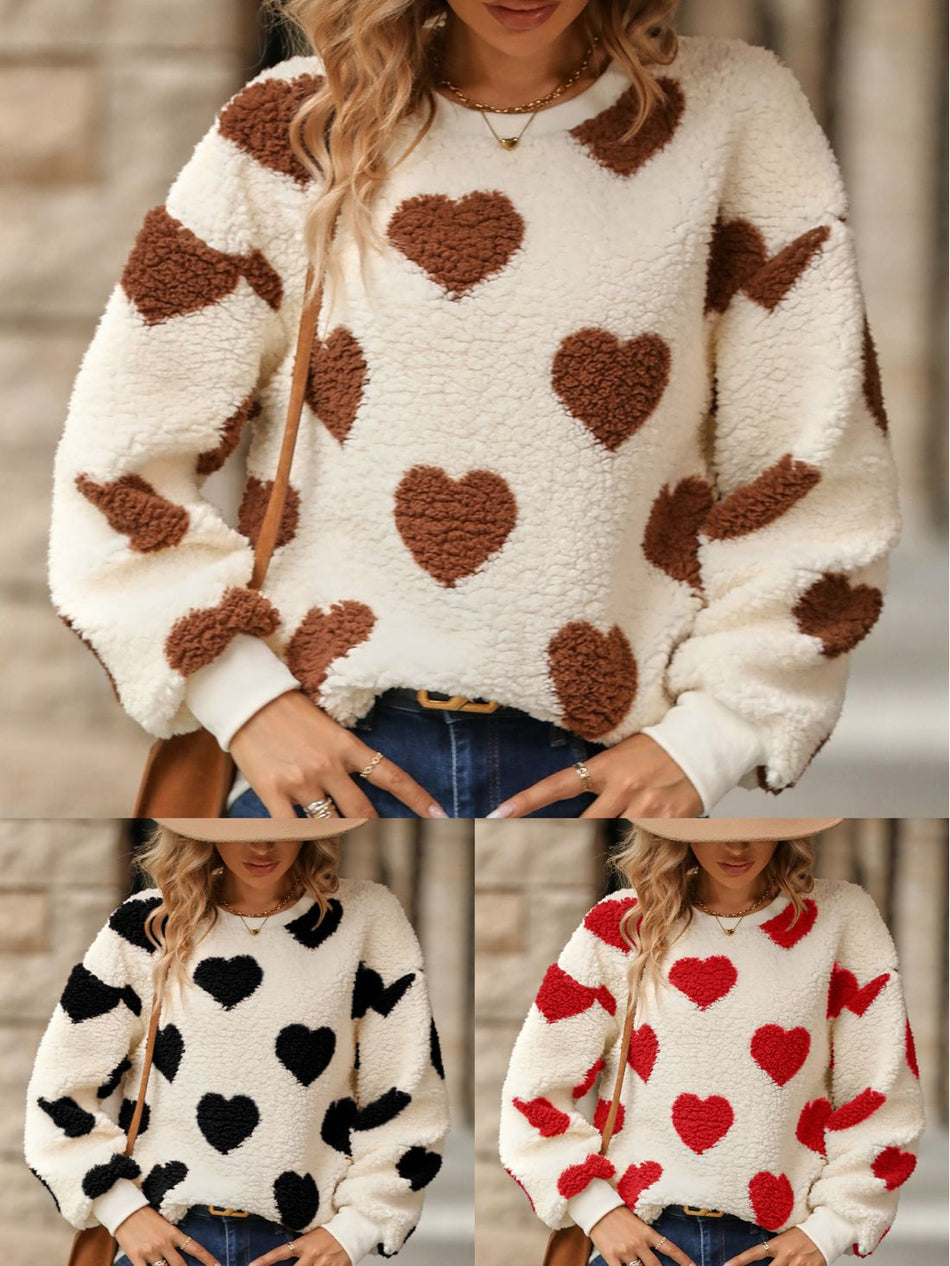 Flash Velvet Plush Love Print Loose Round Neck Pullover Sweater