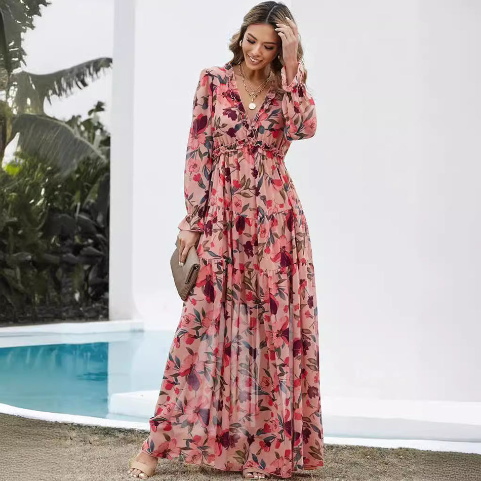 Printed Long Sleeve Fairy Evening Dress