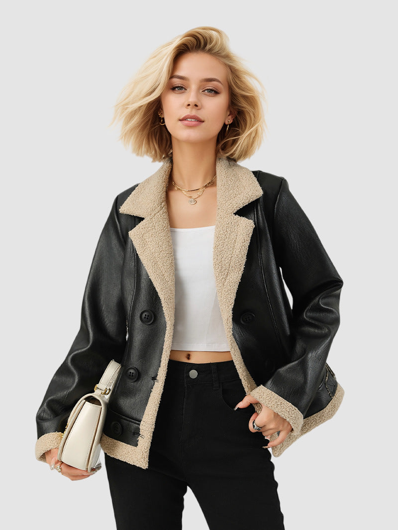 Fleece-Lined Turn-Down Collar Leather Jacket