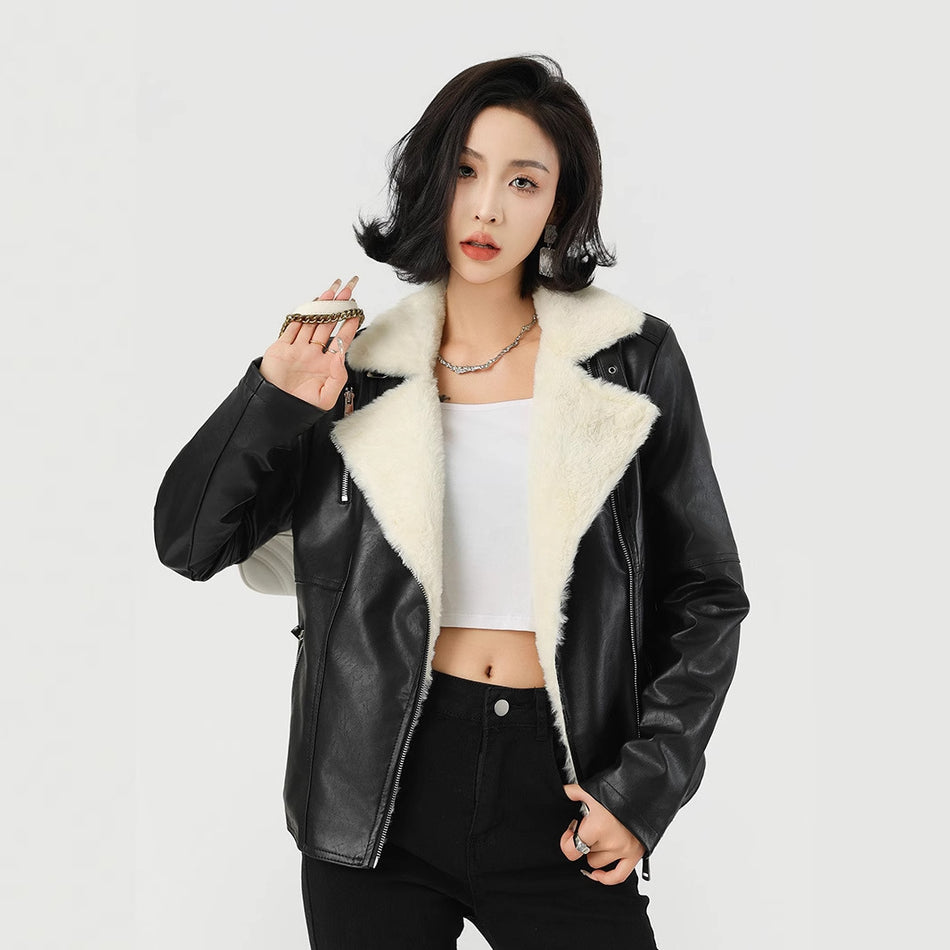 Women’s Short Leather Jacket Fleece Lined Winter Coat