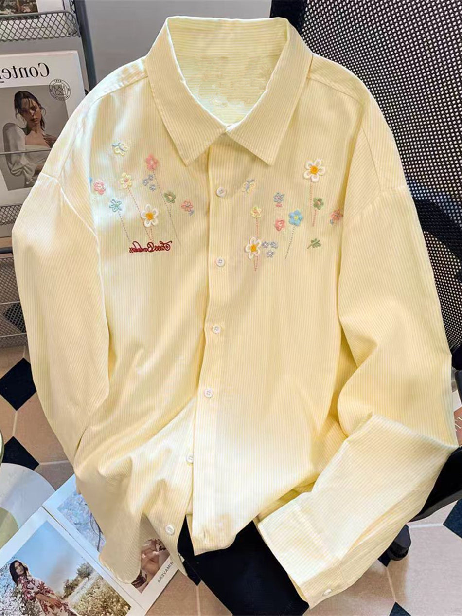 Embroidered Striped Shirt Jacket – Women’s Loose Cardigan